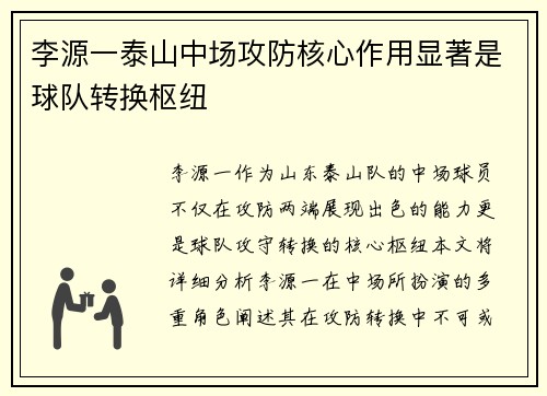 李源一泰山中场攻防核心作用显著是球队转换枢纽